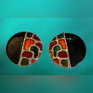Vintage Signed Don Lin Multicolor Mosaic Clip-On Earrings- EUC- 1.5” across